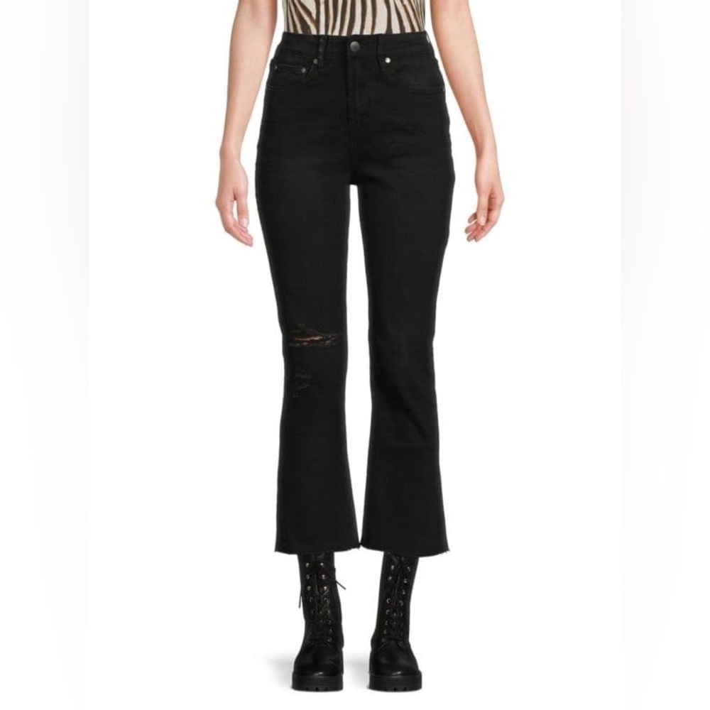 NWT Cavalli Class High Rise Cropped Flare Raw Hem Distressed Black Sz 26